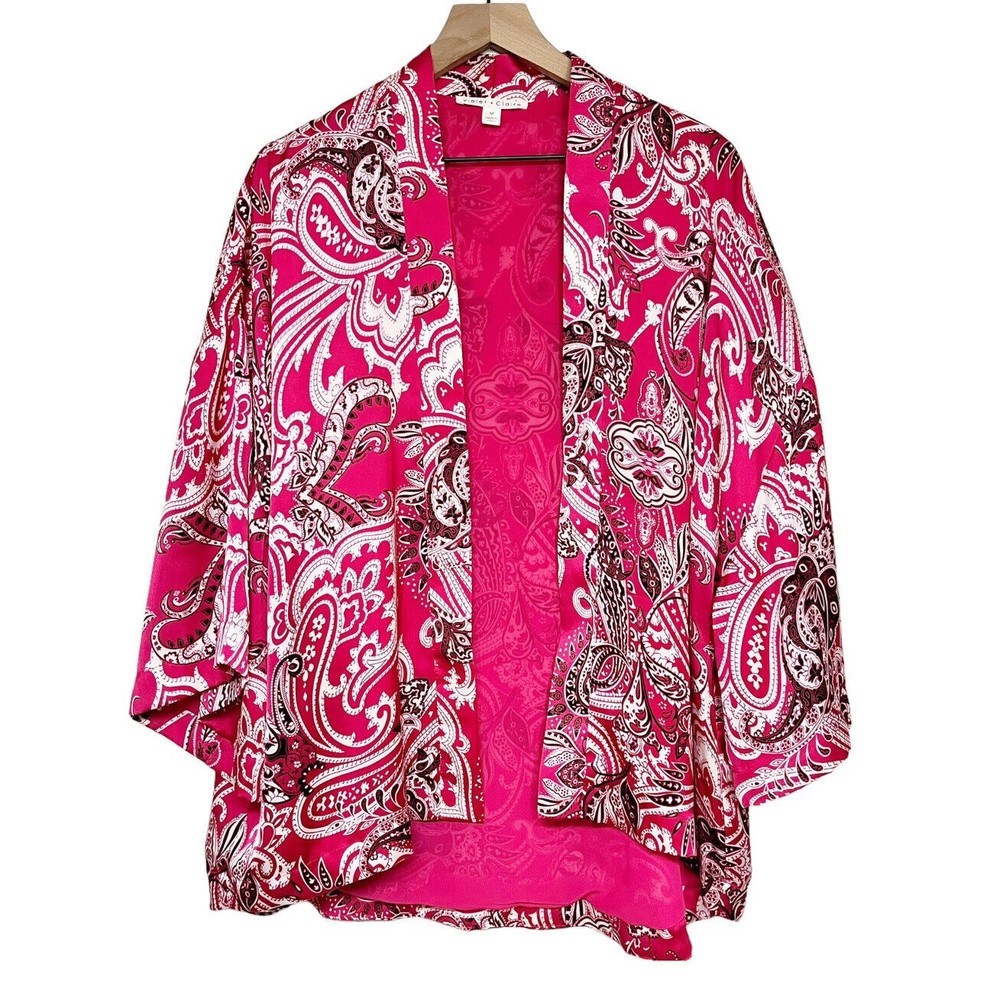Violet & Claire Pink Paisley Open Front Kimono Top Womens Sz M Lined Boho Satin